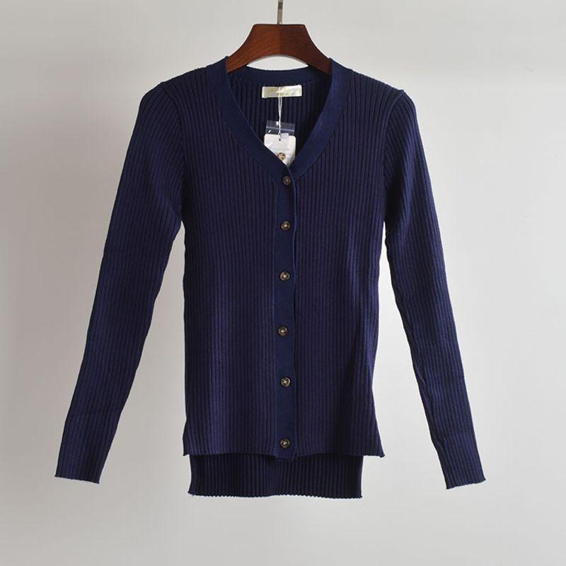 New Arrival Pure Color Minimalist V Neck Sunken Stripe Single Breasted Knitting Cardigan Women's Clothes Spring and Autumn Long-Sleeved Versatile Top