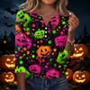Women's Casual Halloween Print V Neck Button Front Three Quarter Sleeve T Shirt Top for Fall Seasonal Wear