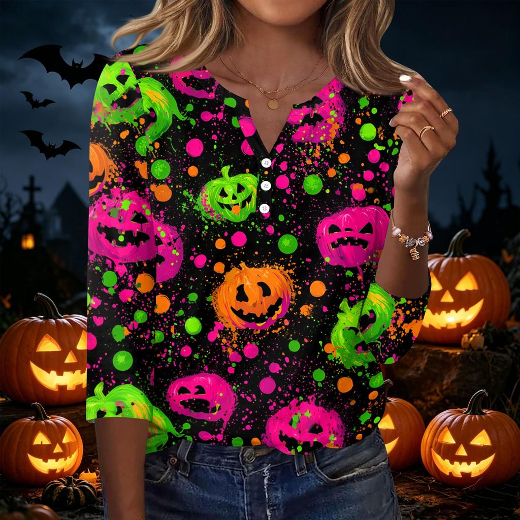 Women's Casual Halloween Print V Neck Button Front Three Quarter Sleeve T Shirt Top for Fall Seasonal Wear