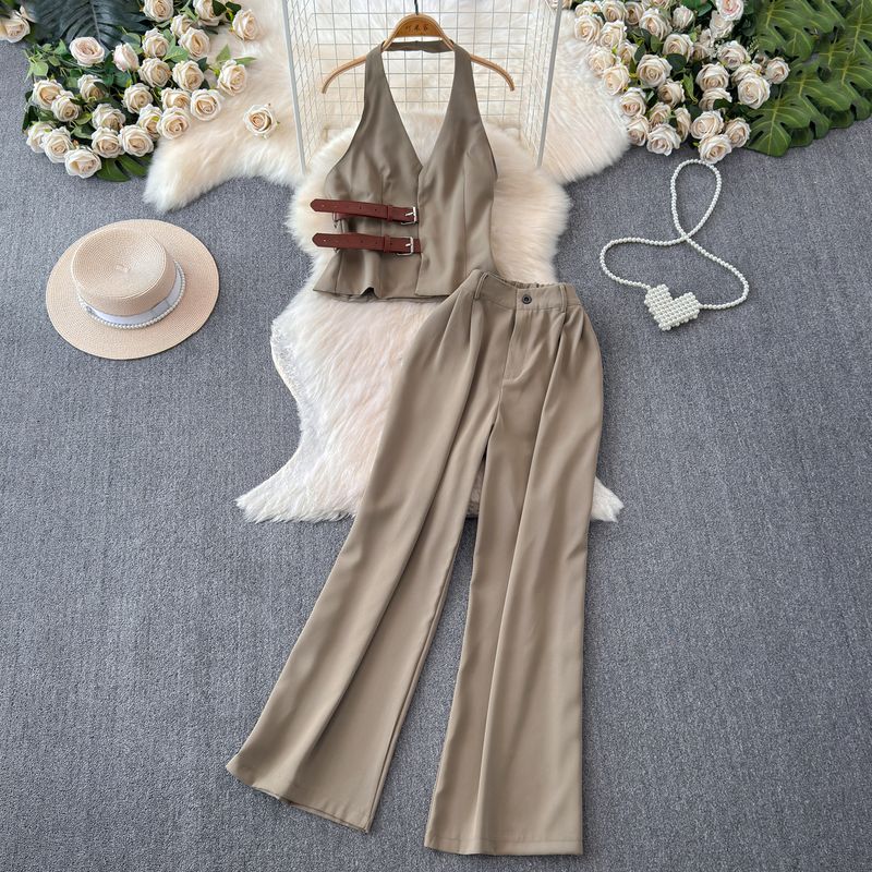 Stylish Niche Style Young Wind Buckle Waist Halter Backless Sling Tops + High Waist Slimming and Wide Leg Two-piece Set
