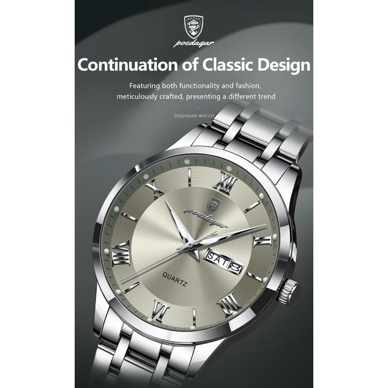 POEDAGAR Luxury Fashion Men Clock Waterproof Luminous Week Date Sports Wristwatch Stainless Steel Quartz Watches Reloj