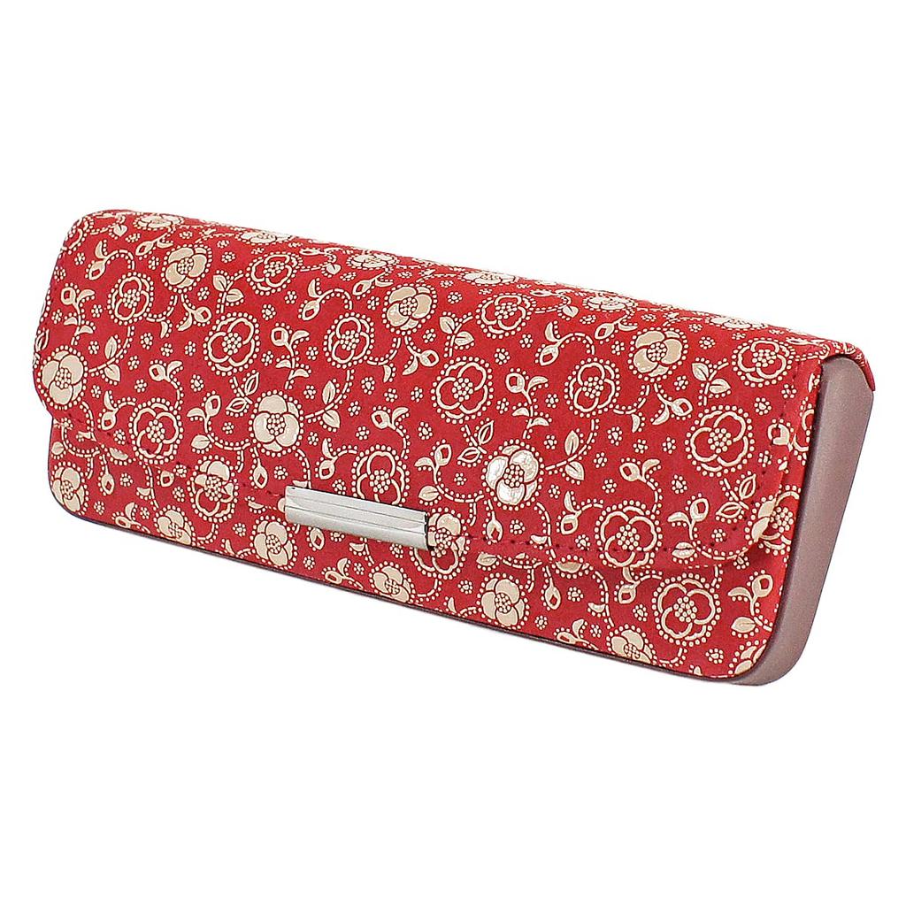 Inden H Glasses Red with White Camellia [Inden-ya] Case, Deerskin, Lacquer, Pattern, 4206-13-178
