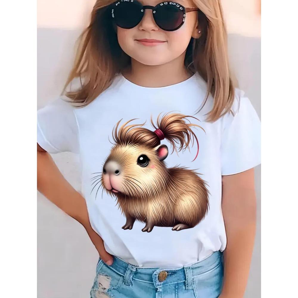 2026 Children's T-Shirt Cute Capybara Cartoon Print Casual Short-Sleeve Tee Summer Children Top O-Neck Fashion T-Shirt for Girls