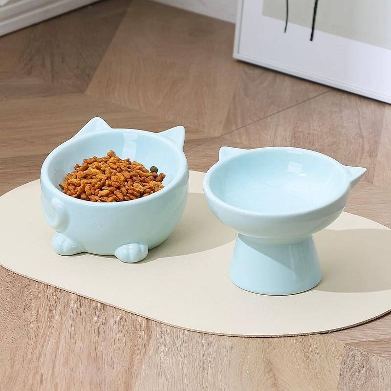 Cute Cat Ear Shaped Ceramic Cat Bowl, Elevated Neck Protect Feeding Dish, Multi-color Easy Clean Pet Food Water Bowl for Cats
