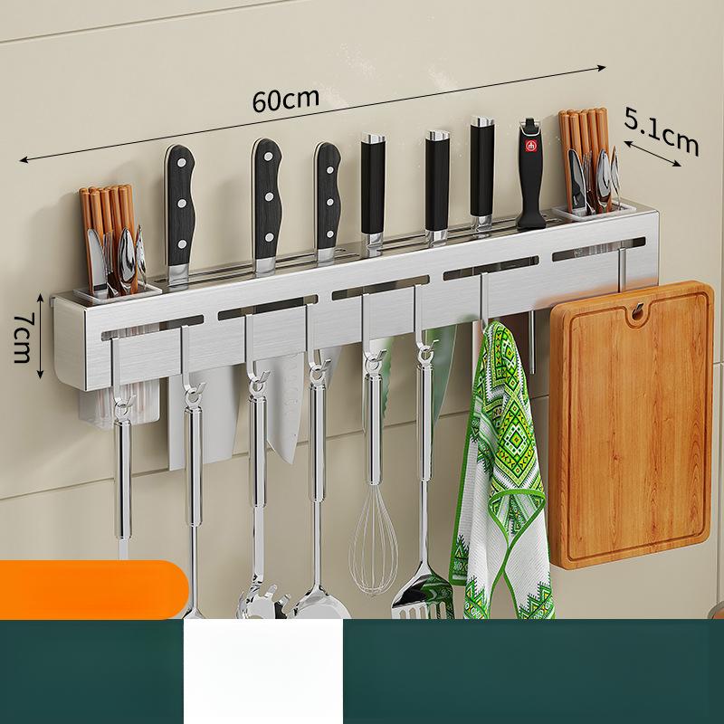 Stainless Steel Knife Holder No-Drill Wall-Mounted Kitchen Rack Multi-Functional Chopsticks and Knife Storage Rack