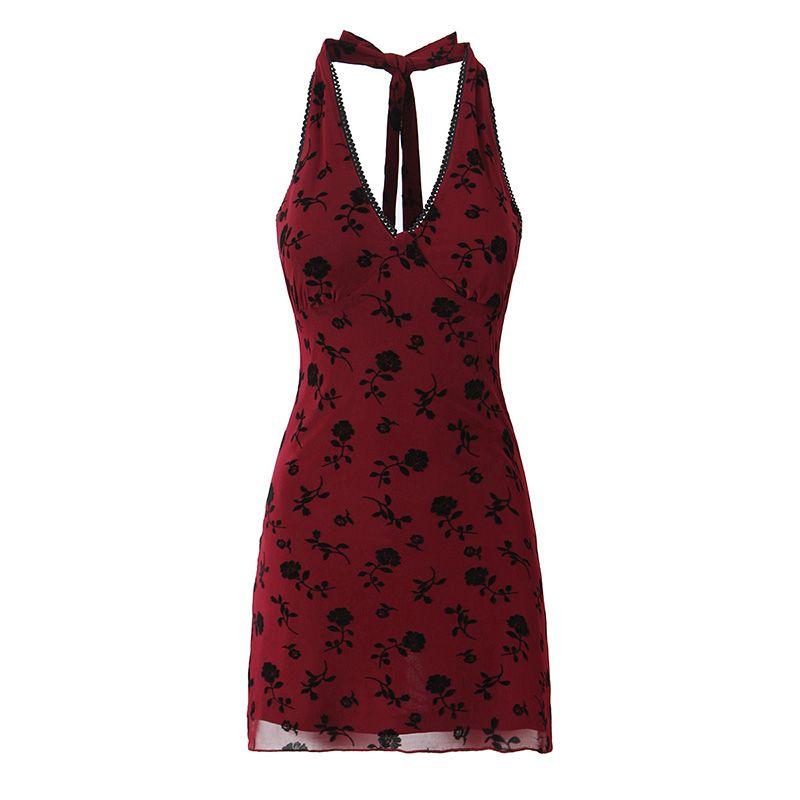 

Cool and Charming Ro American Retro Sexy Deep V Neck Flocking Floral Slim-Fitting Slim Looking Pure Desire Halterneck Short Dress Wine red flocking skirt L