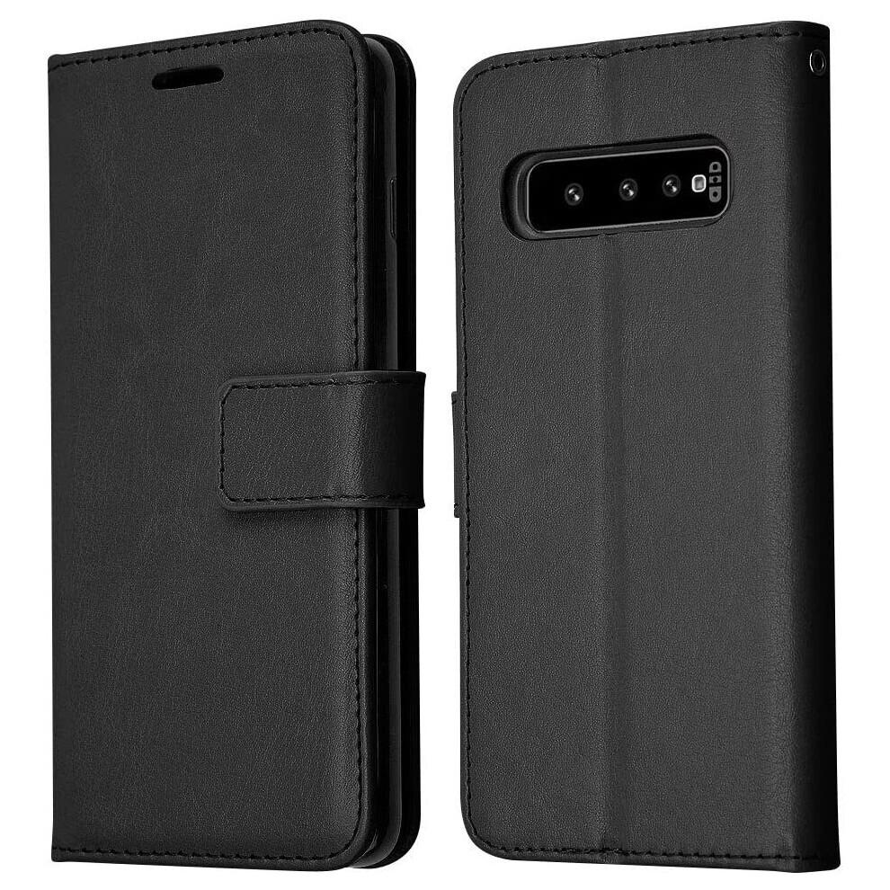 Custodia Portafoglio in Pelle per Galaxy S10 Plus, Custodia Protettiva a Libro con Slot per Carte, Supporto e Cinturino da Polso - Nero