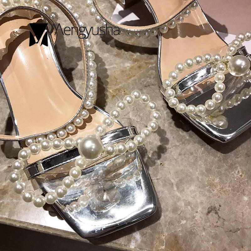 Fashion Pearl Bow-knot Silver Transparent Patchwork Sandals Women Open Toe Beads Studs Gladiator Sandalias Chunky Med High Heels Zapatos