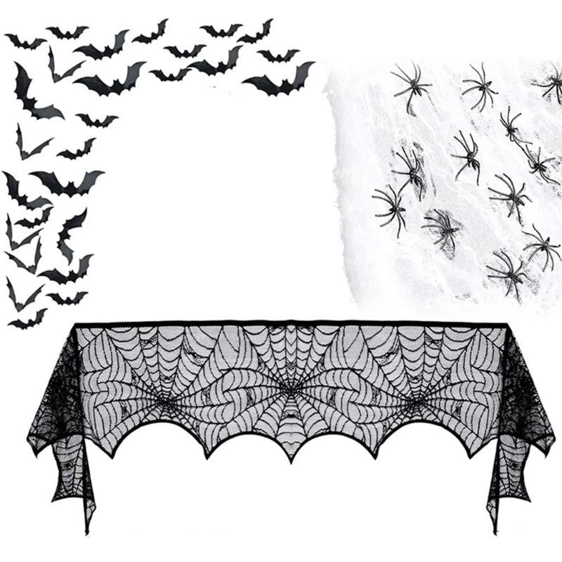 Lace Table Runner Spiderweb Mantel Scarf Cover for Holiday Party Decoration, Black Spiderweb Mantel Scarf