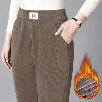 Women Fashion Winter Thicken Plush Corduroy Casual Pants Warm High Waist Trousers