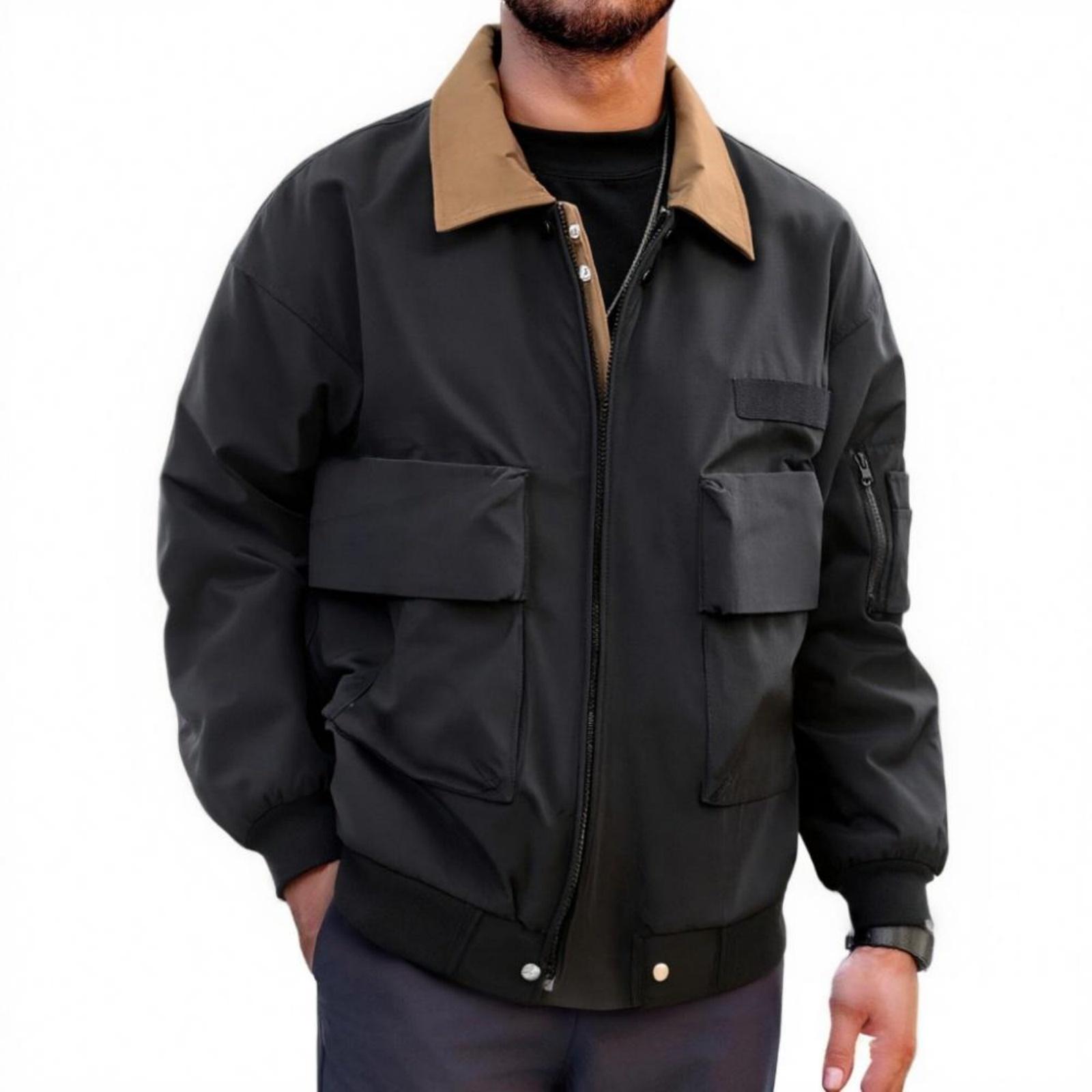 Men s Casual Retro Color-blocking Flight Jacket, Men s Long-sleeved Lapel Multi-pocket Work Jacket L