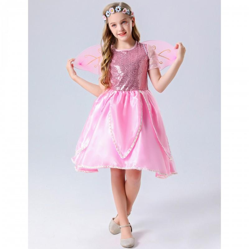S-XL Halloween Pink Angel Costume Kids Wings Snow White Dress Girls Role Play Party
