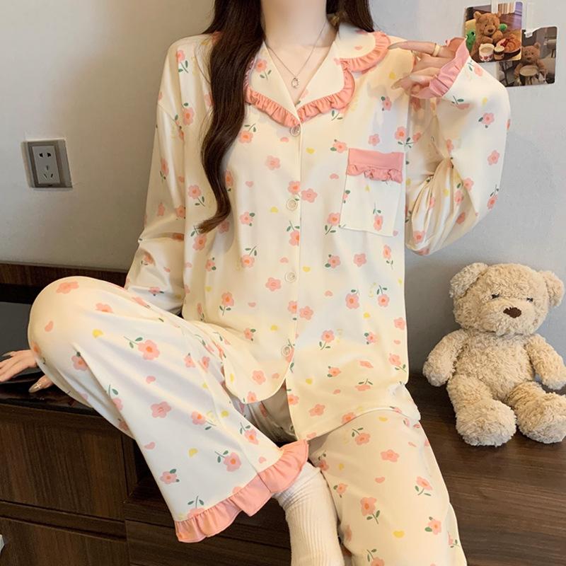 Imitation cotton ruffle leaf edge pastoral cute rabbit girl pajamas autumn long-sleeved cartoon soft glutinous loungewear two-piece set