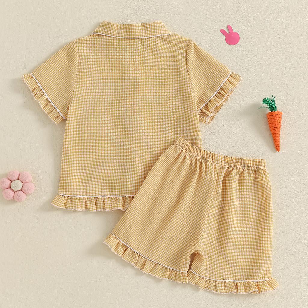 Pijamale de Paște pentru fetițe, cu broderie în carouri, cu volane, tricou cu nasturi, cu pantaloni scurți elastici pentru haine de găzduire, haine de noapte