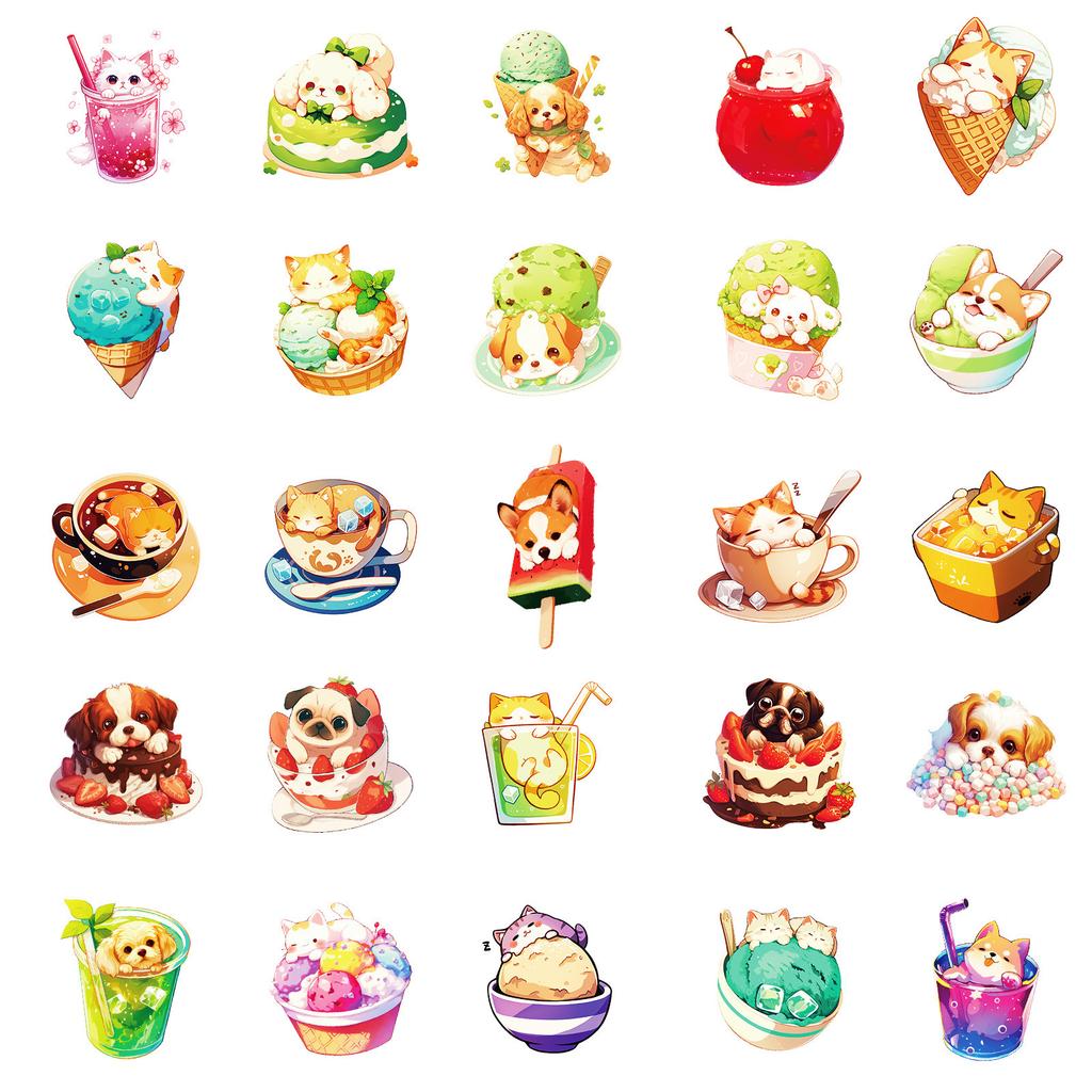 50 Food Cats and Dogs Creative Graffiti Stickers Children Cartoon Stickers Toys