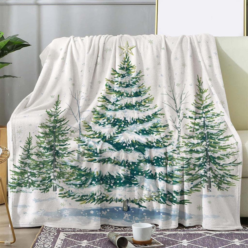 Vintage-Style Christmas Tree Snowflake Print Flannel Throw Blanket, Soft, Cozy, Comfortable, Polyester, with Digital Knitting,