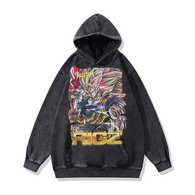 Sweat à capuche Rétro Tendance Marque Hip Hop Street Lavage à l'eau Aspect Vieilli Impression Dessin Animé Japonais Sweat à Capuche Hommes et Femmes Tendance