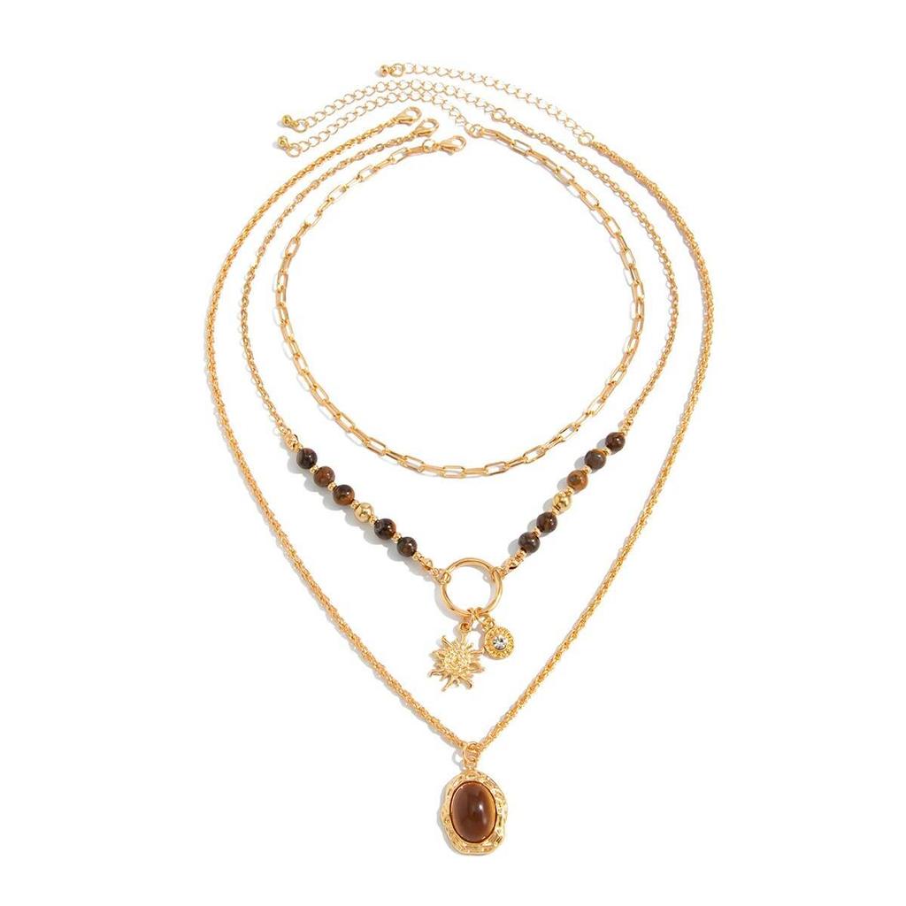 Salircon 3 Pcs/set Vintage Sunflower Brown Stone Beads Pendant Necklace for Women New Trendy Charms Sweater Chain Jewelry Gifts