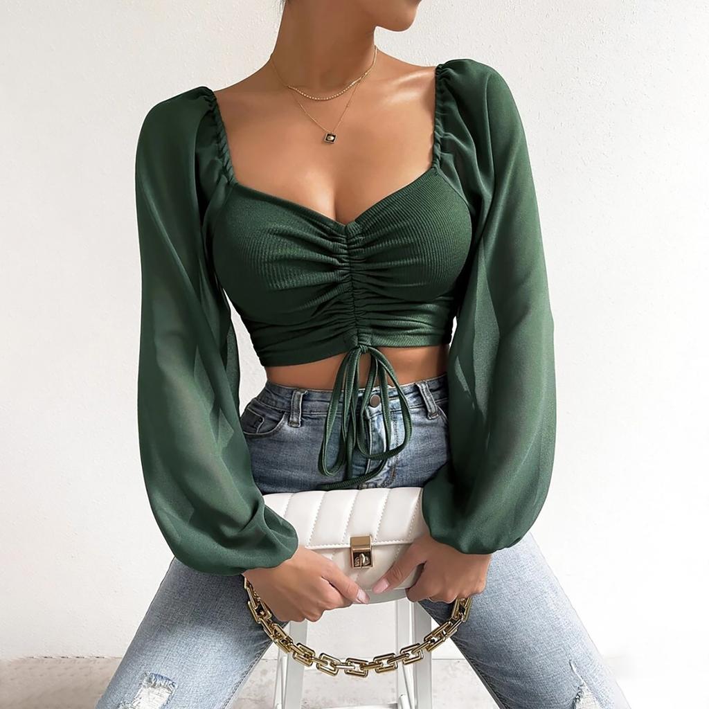 Ladies Casual Solid Color Square Neck Pullover Mesh Splicing Sexy Fashion Top