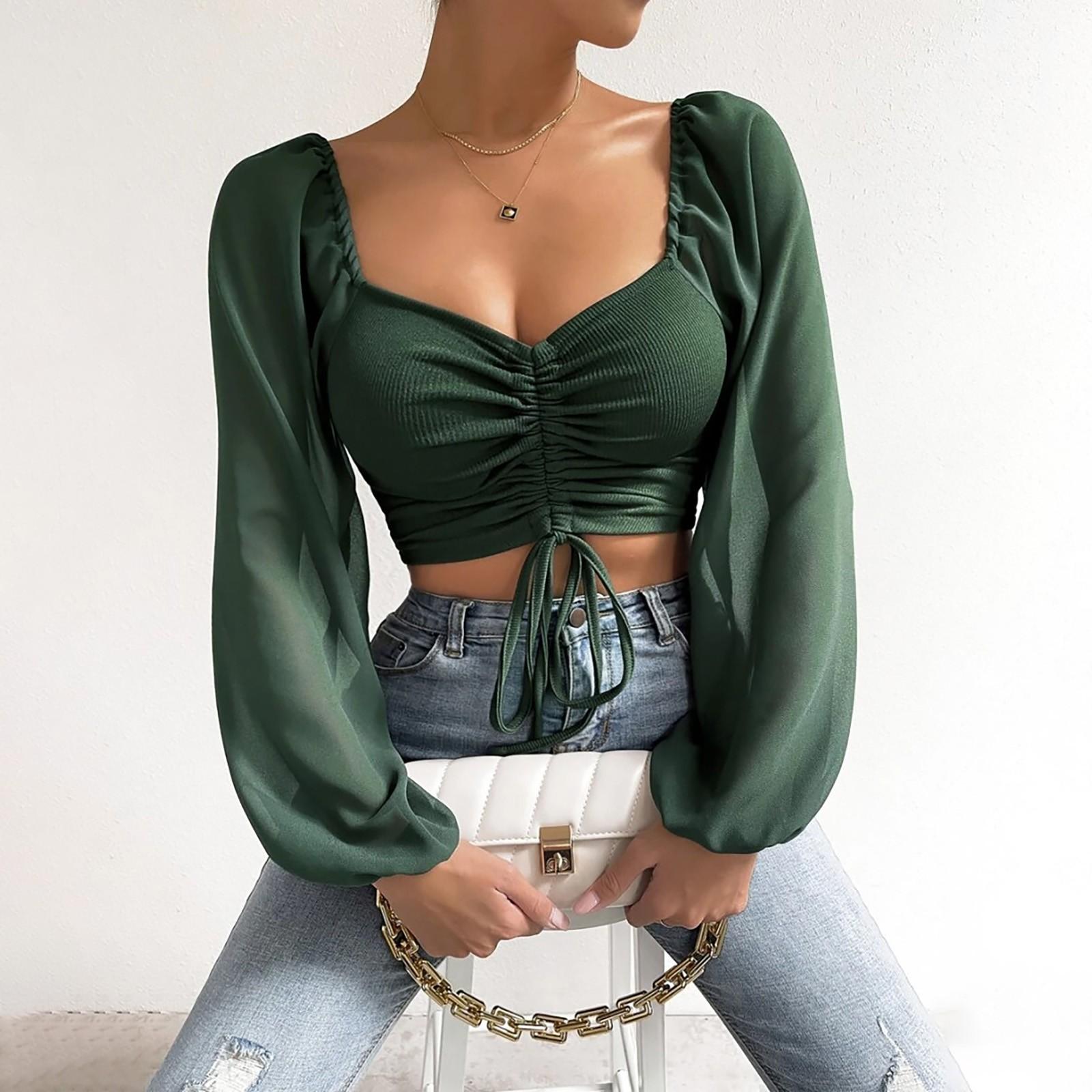 

Жіночий повсякденний однотонний однотонний пуловер з квадратним вирізом із сіткою, зрощений сексуальний модний топ XXL темно-зелений колір