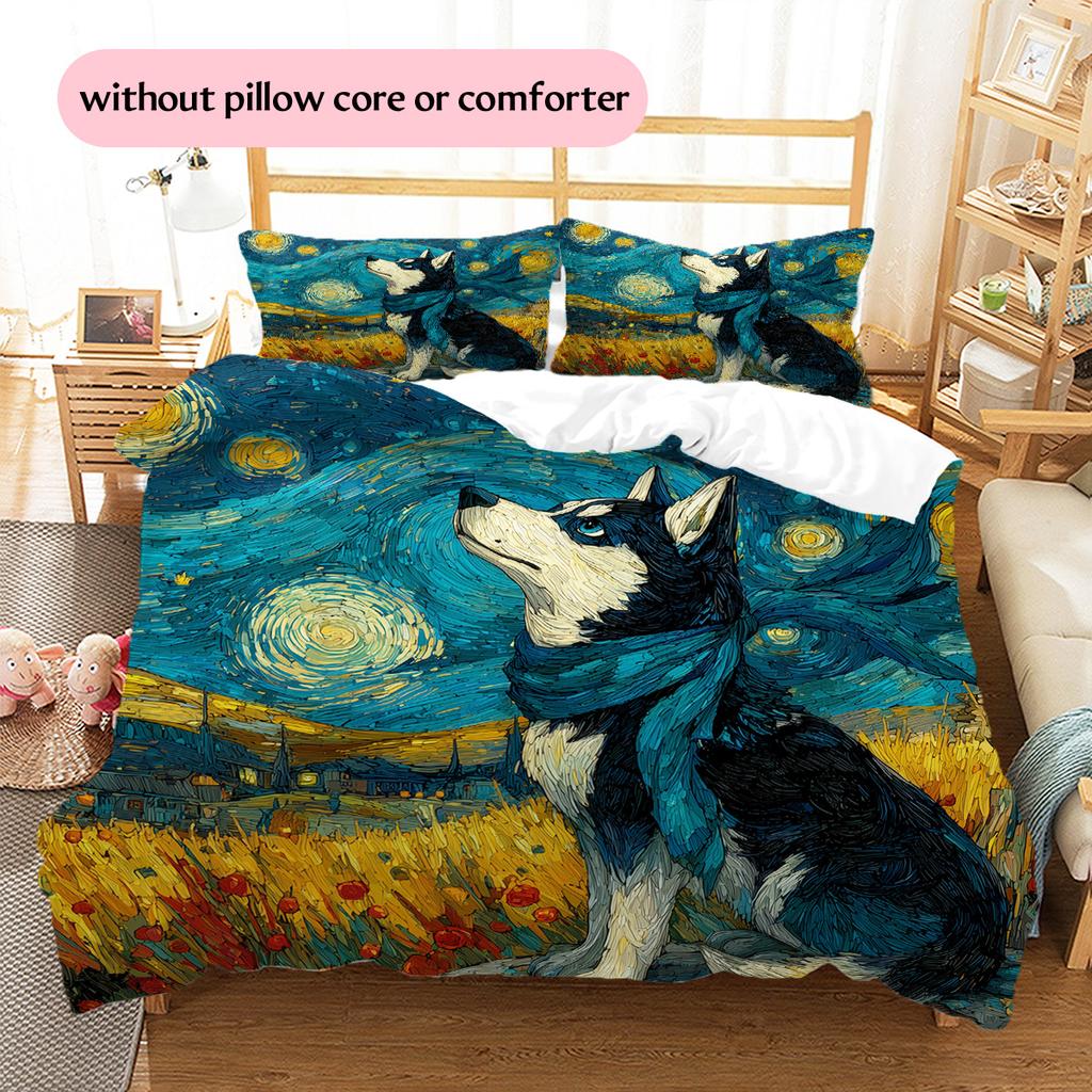 Scarf-wearing Dog at Night Pattern Bedding Quilt Set Home Decoration Gift (1 * duvet cover + 2 * pillowcase without core)