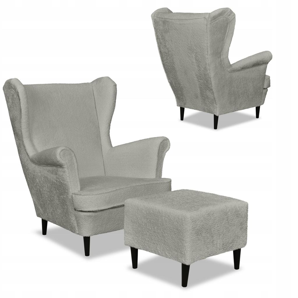 Bella Wing Chair with Footrest Scandinavian Family Meble Light Gray Plush