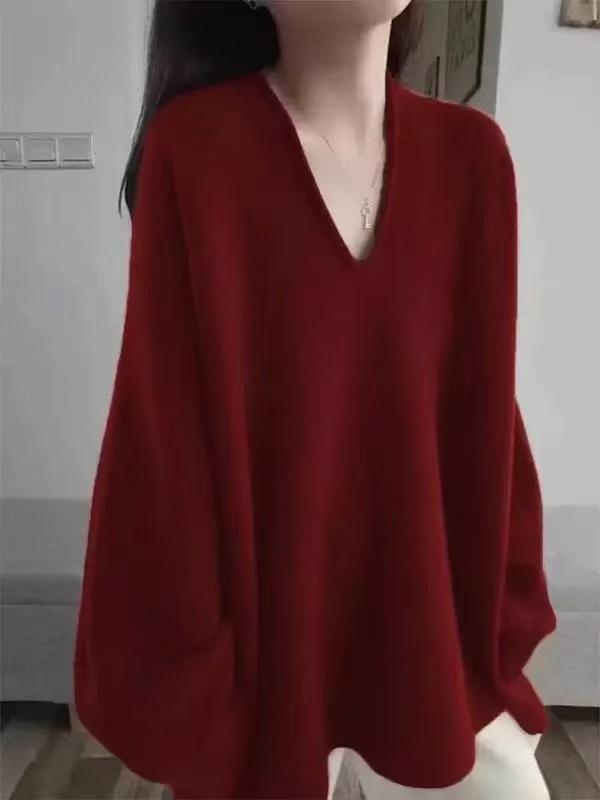 Retro Style V-neck 100% Wool Mid-length Sweater - Soft Cashmere Base Layer for Autumn/Winter