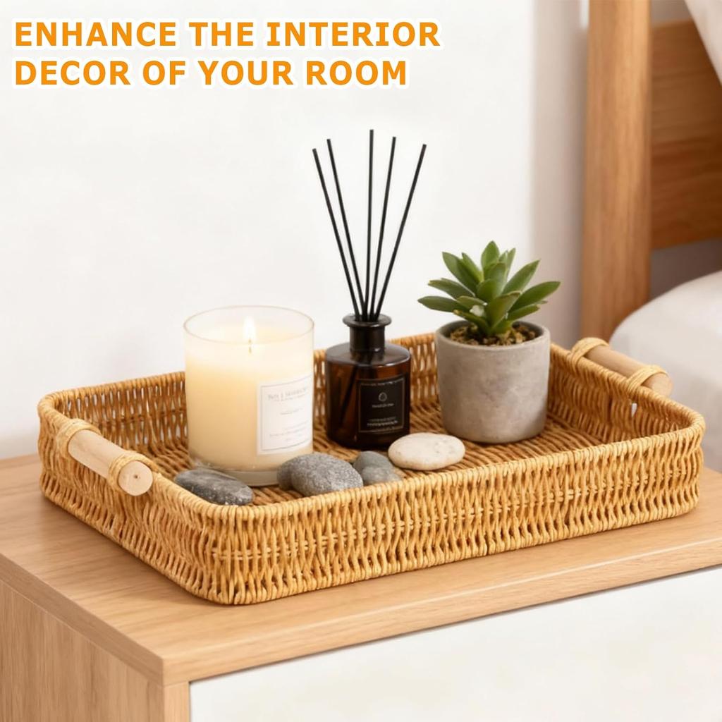 Wicker Tray Rectangular Rattan Tray for Fruit, Food Storage & Decoration – Essential for Home, Kitchen, Restaurant