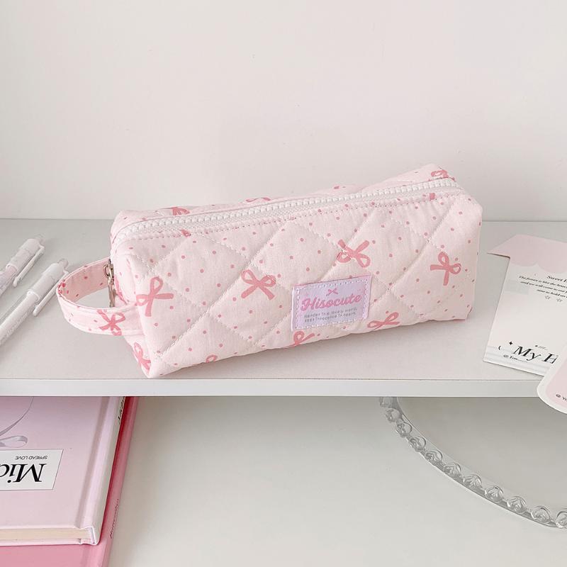 Polka Dots Bow Pencil Bag Large Capacity Multi-Function Stationery Storage for School Office Travel Cosmetic Organizer