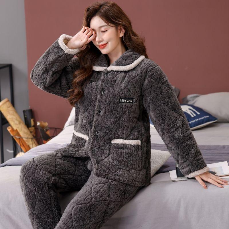Pajamas women's winter three-layer thickened models fleece coral fleece warm padded cotton autumn and winter women's loungewear