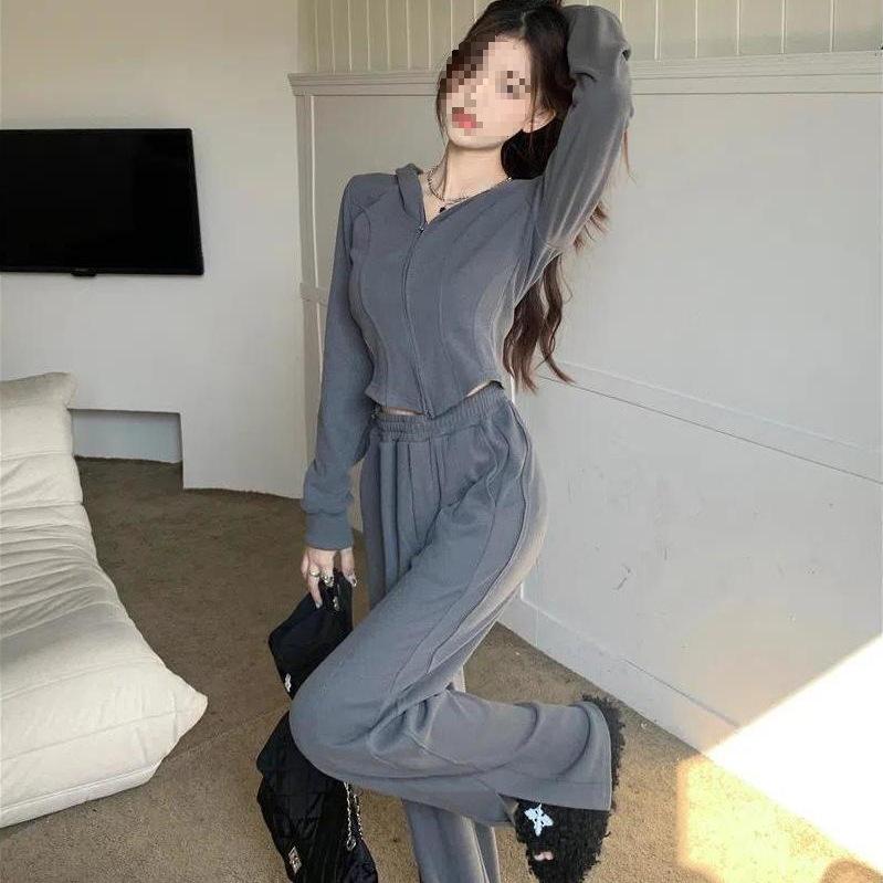 Women's Two-Piece Korean Style Hooded Sweatshirt Jacket with Slit Wide-Leg Pants for Spring and Summer
