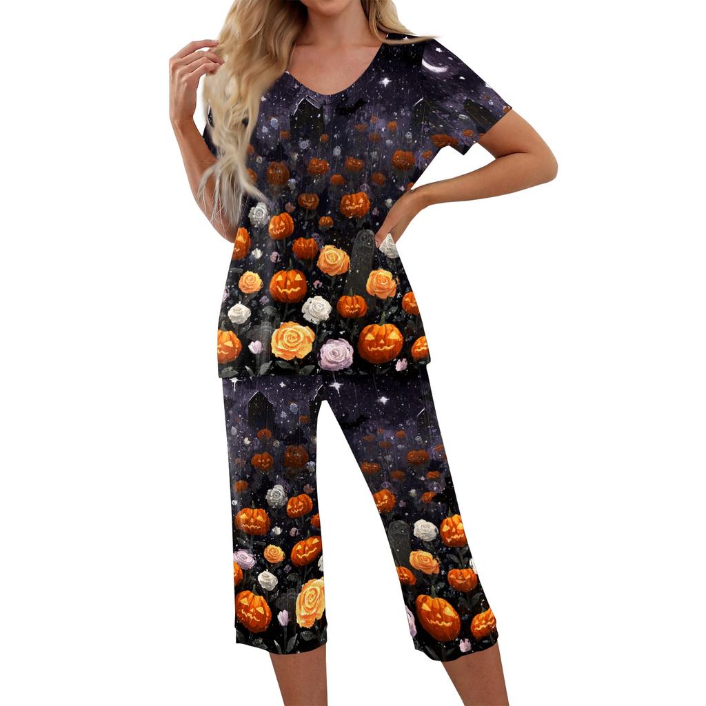 Womens Halloween Two Piece Set Short Sleeve Top with V Neck and Capri Pants Casual Lounge Wear Printed Ghost Pumpkin Pattern