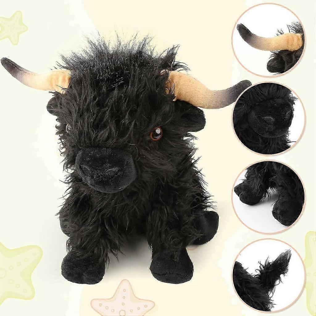 Highland Cow Stuffed Animal,10.5 inches Realistic Cow Plush Toy (Black)