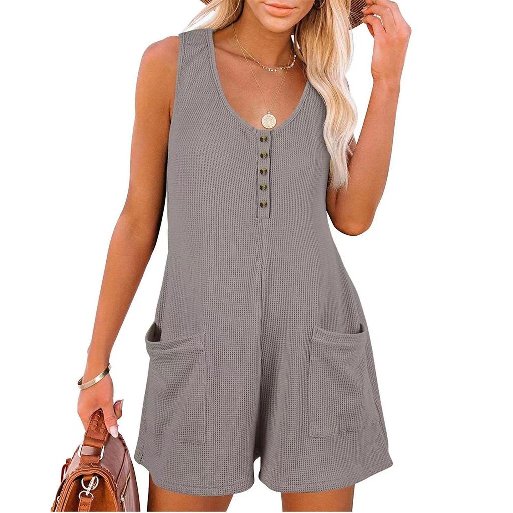 Dame Casual Rund Hals Med Lommer Ærmeløs Knaplukning Tanktop Jumpsuit Shorts Rompers