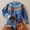 Women's European Retro Fair Isle Long Sleeve Color Block Knitted Sweater Top