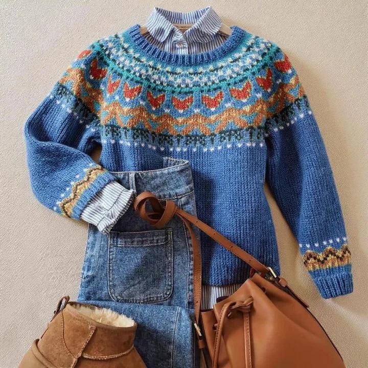 Women's European Retro Fair Isle Long Sleeve Color Block Knitted Sweater Top