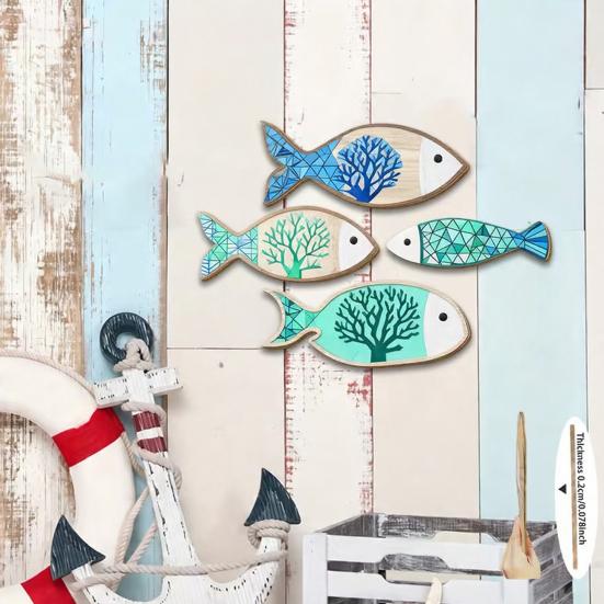4Pcs/Set Wooden Fish Coastal Wall Art, Handcrafted Fish Wall Decoration, Rustic Nautical Fish Wall Sculpture for Living Room, Lake House, Bathroom