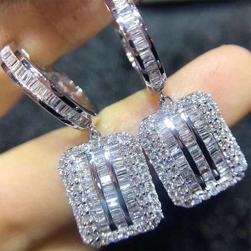 Halo Cushion Square Pendant Drop Earrings Baguette & Round Mixed Cubic Zirconia Inlaid Hoop Silver Tone Formal Ladies Accessories
