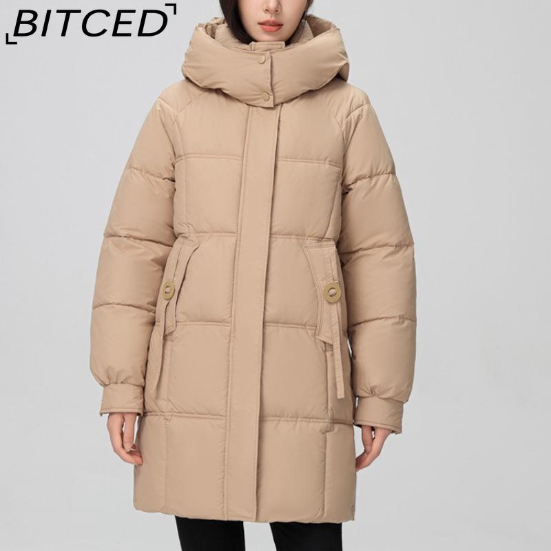 BITCED Fashionable Mid-Length Cotton Coat for Women Trendy Casual Warm-Weather Jacket with Detachable Hood