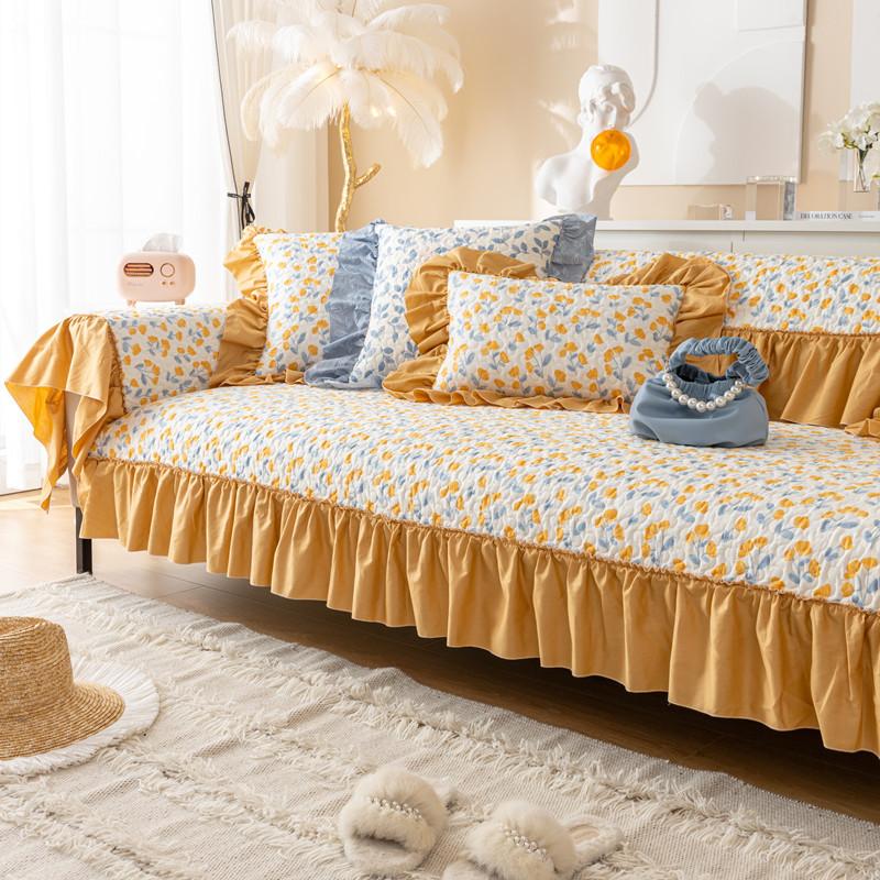 Washed Cotton Printed Sofa Cushion for All Seasons Korean Style Skirt Fresh Small Flower Non-slip Sofa Cushion Towel