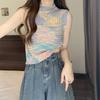 Summer French Chic Spicy Girl Rainbow Striped Knitted Small Tank Top Sleeveless Short Top for Women