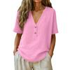 Women Solid Button V Neck Short Sleeve Casual T Shirt