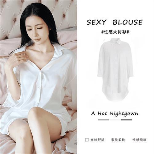 

New ice silk nightgown women s loose sexy pajamas spring and summer thin pure desire style boyfriend shirt loungewear M