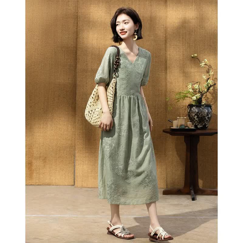 Demana Elegant Summer Embroidered V-neck Midi Dress
