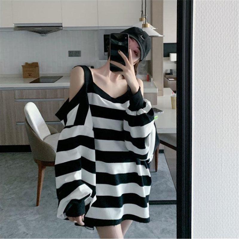 Women Plus Size Loose Striped Off Shoulder Hoodie Early Autumn Casual Ins Style