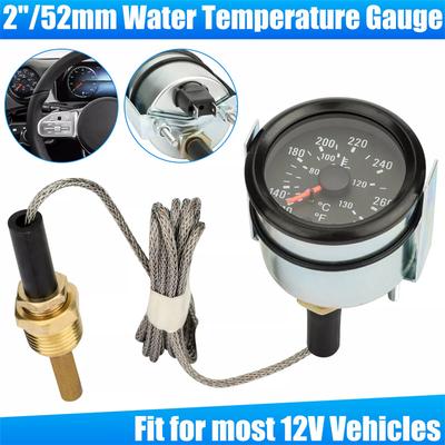 2" 52Mm Mechanical 40-130Celsius/110-265℉ Water Temp Gauge 12V Water Temperature Gauge Car Meter With Sensor Npt 1/2