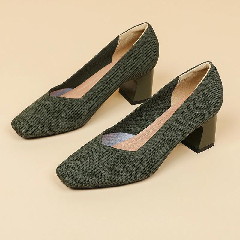 Buty Damskie Wysokie Obcasy Wygodne Kwadratowe Dzianinowe Oddychające Wygodne Damskie Baleriny (5 cm Wysoki) Kolekcja 2025