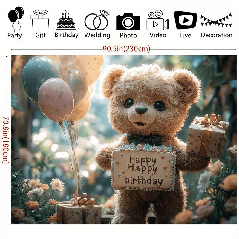2D Flat Print Teddy Bear Birthday Photography Backdrop for Baby Shower & Kids Party