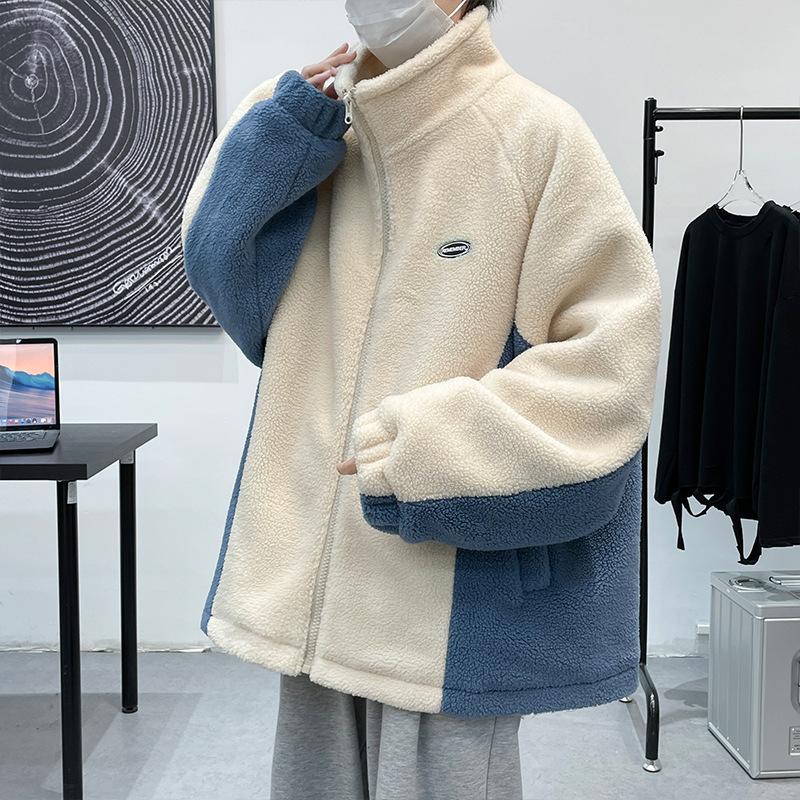 Contrast Color Lamb Wool Granular Fleece Cotton-padded Jacket Men's Korean Version Stand-up Collar Sweater Thermal Jacket