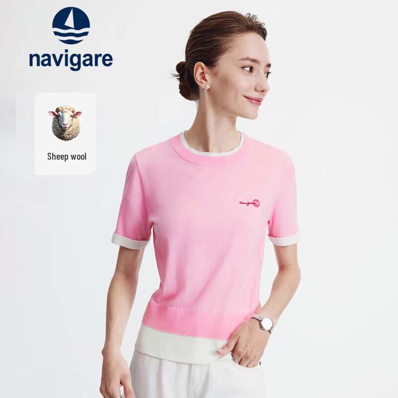 Navigare Women s Color Block Faux Two-Piece Knit Short Sleeve Top L
